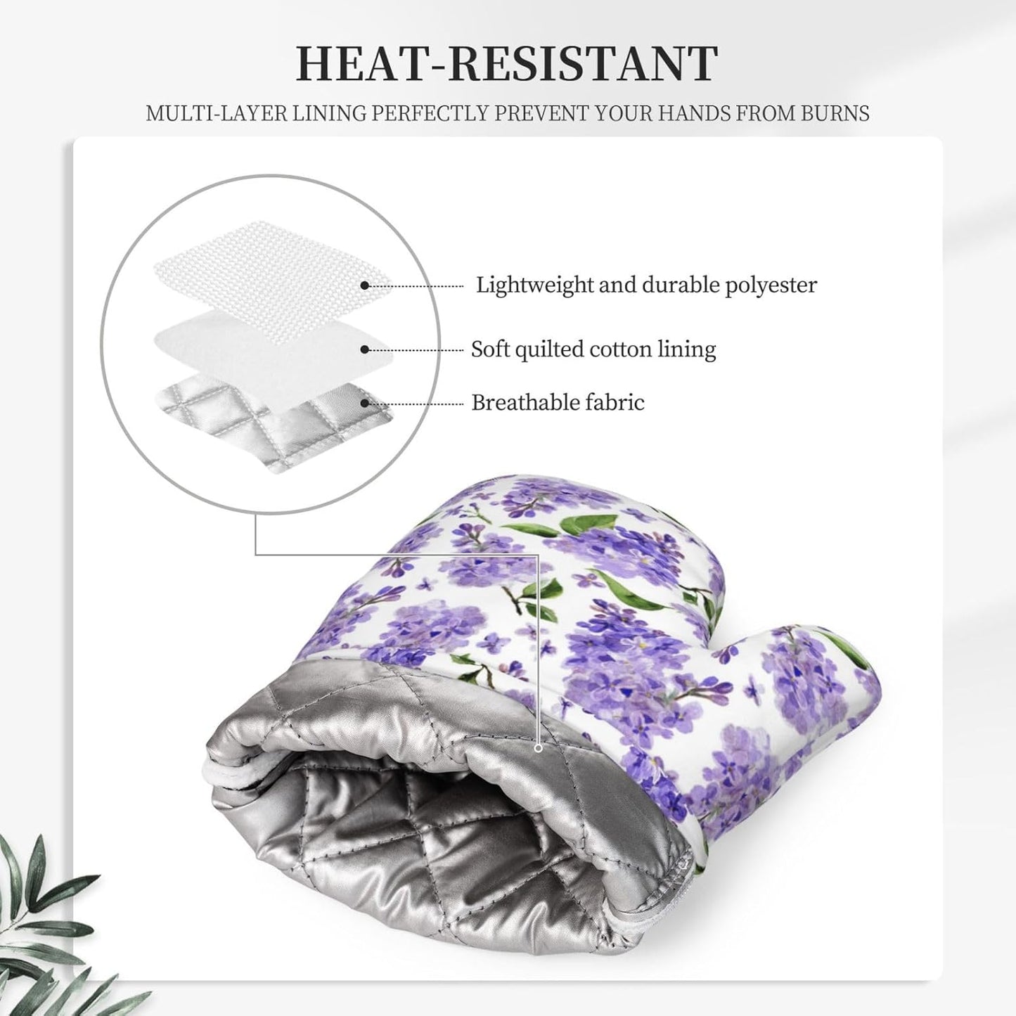 Lavender Oven Mitts and Pot Holders 4 pcs Set Silicone Lilac Flower Kitchen Oven Mitt Gloves Lavenders Pot Holders Non-Slip Heat Resistant Cooking Mitts Set for Kitchen Baking Grilling