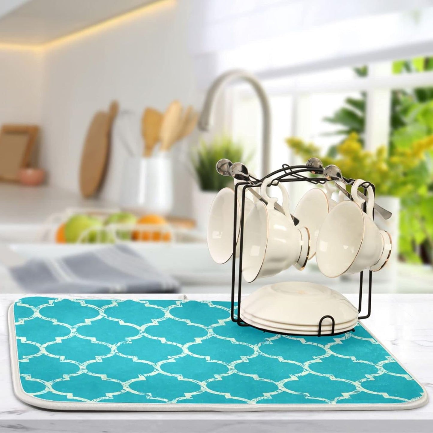 senya Super Absorbent Dish Drying Mat, Microfiber Fast-Drying Dish Mat, 16'' x 18'', Kitchen Dish Drying Pad, Beautiful Grunge White Morrocan Trellis,16x18in