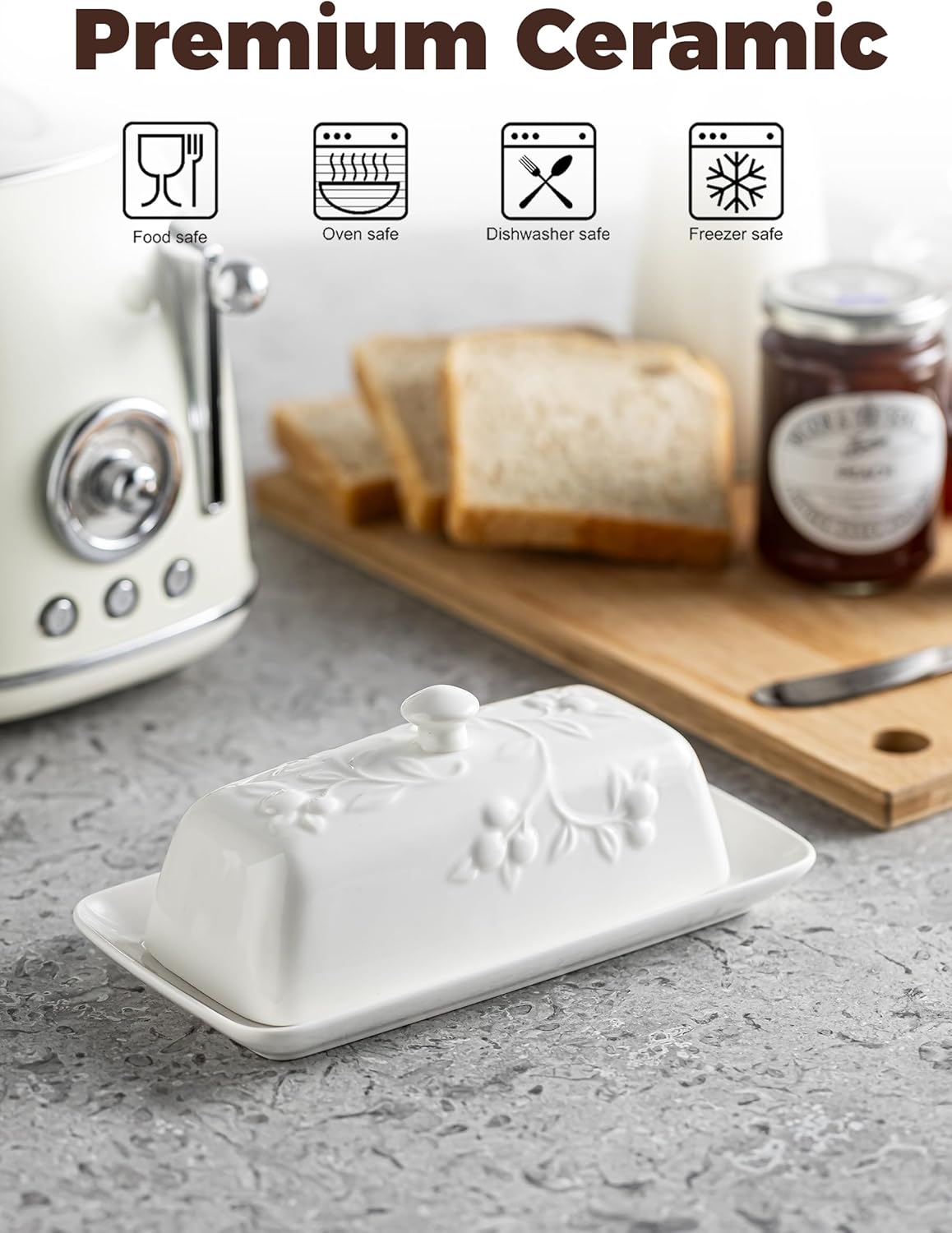 Butter Dish with Lid for Countertop, Ceramic Butter Dish with Knob Handle, Large Butter Holder Container for East West Coast Butter Storage, Cherry