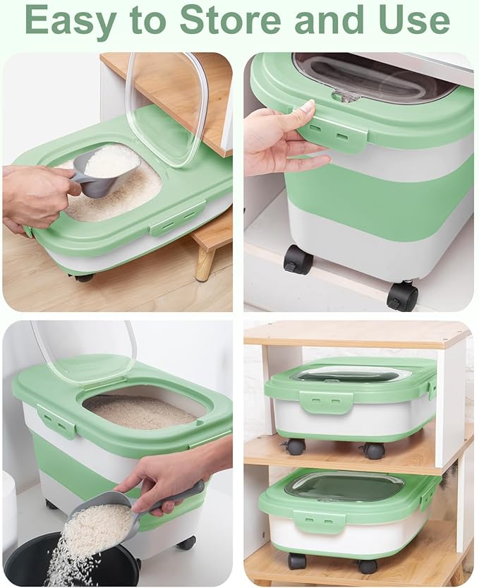 20-30 Lbs Rice Storage Container,Collapsible Food Storage Containers with Rolling Wheel Airtight Locking Lid,Flour Storage Container with Cup and Scoop,Suitable for Food,Rice,Pet Food,Flour