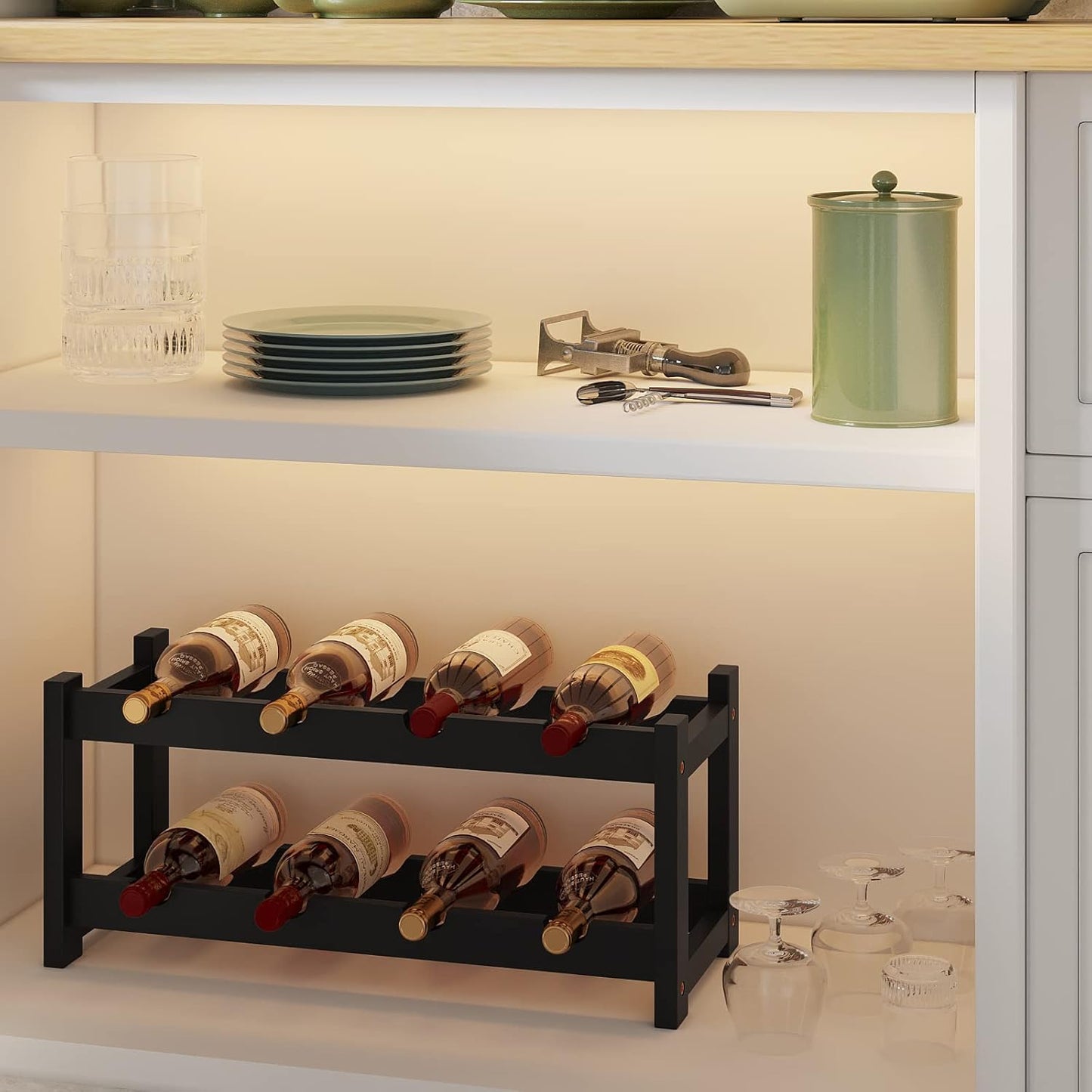 BAMEOS Wine Rack Freestanding 8 Bottle 2 Tier Bamboo Wine Racks Countertop Cabinet Wine Holder Wine Storage Shelf for Kitchen, Bar, Pantry, Wine Cellar, Countertop Black (16.85 L x 9.25W x 7H)