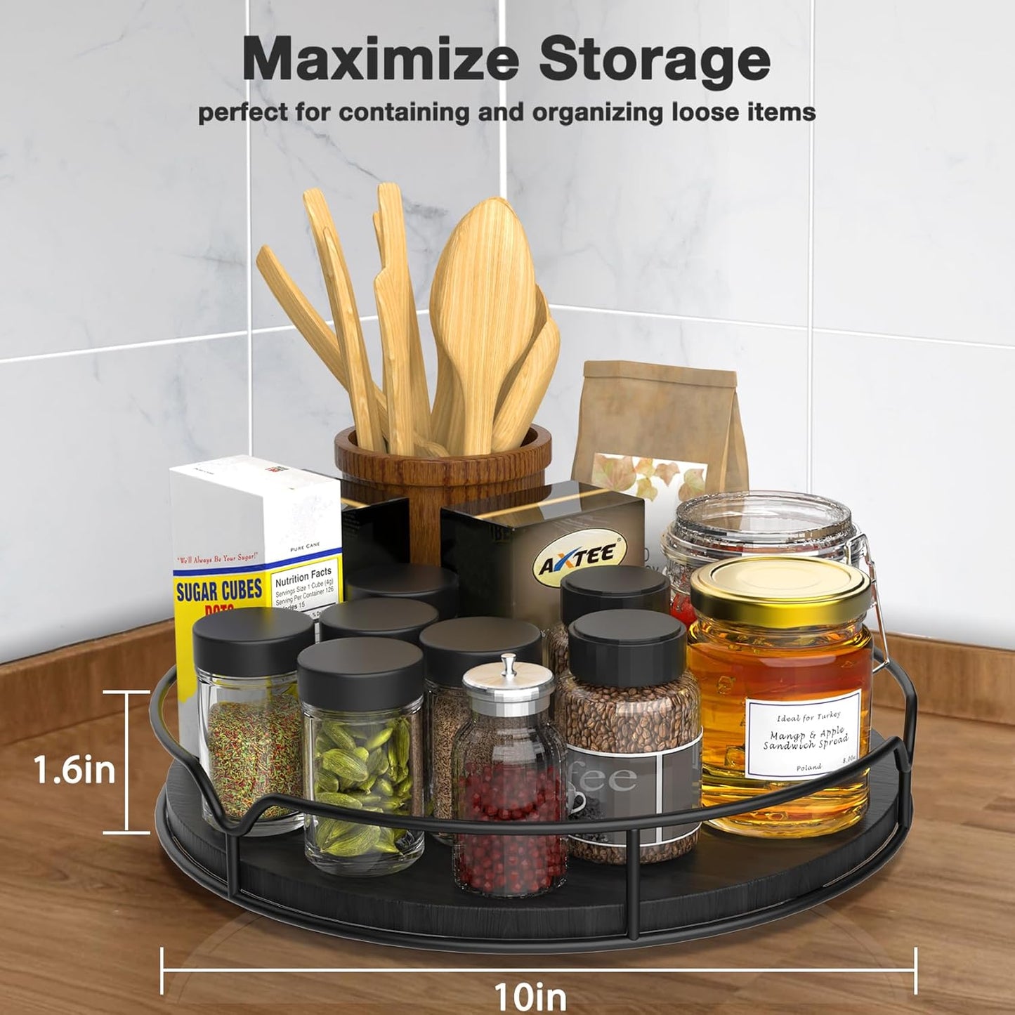 Lazy Susan Turntable Organizer with Anti-Slip Mat for Cabinet Pantry Kitchen Countertop Refrigerator Office, Pine Wood, 13", Black