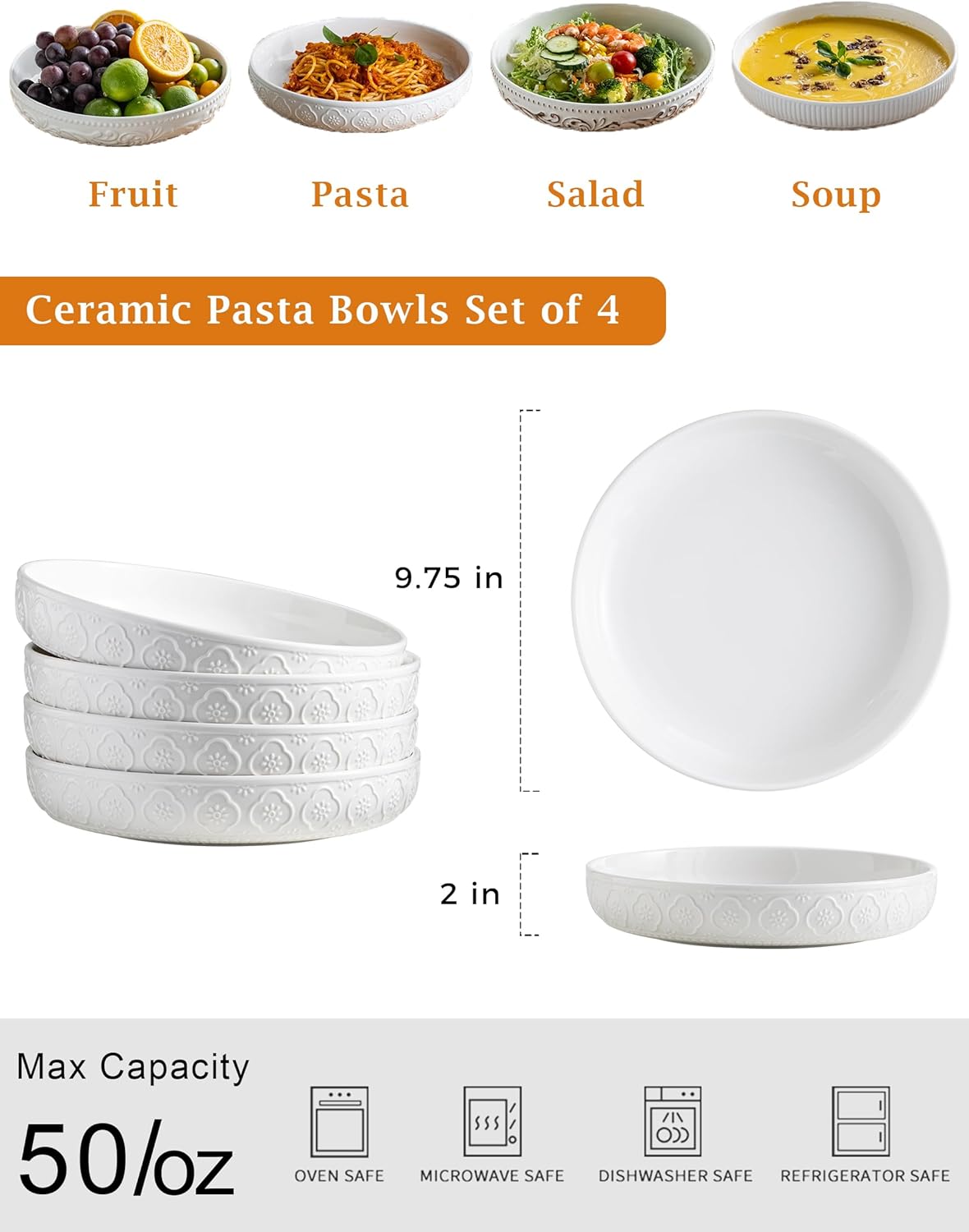 YHOSSEUN 9.75" Pasta Bowls Set of 4, 50 OZ Large Salad Serving Bowls, Ceramic Pasta Plate Bowls, White Soup Bowl, Microwavable Dinner Bowls for Kitchen, Embossed Sunflower