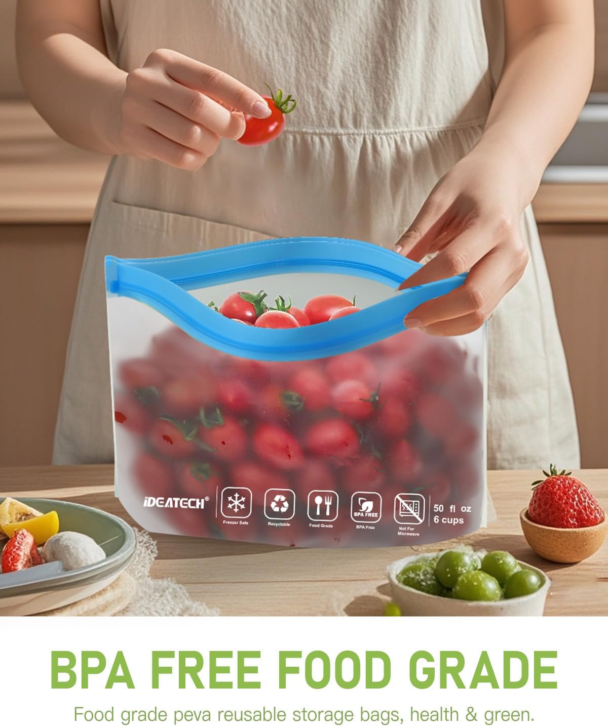 IDEATECH Quart Freezer Bags, BPA Free PEVA Reusable Sandwich Snack Bags, Quart Size Food Baggies Containers for Travel, Lunch, Healthy Food (10Pack-10Quart, Colored)