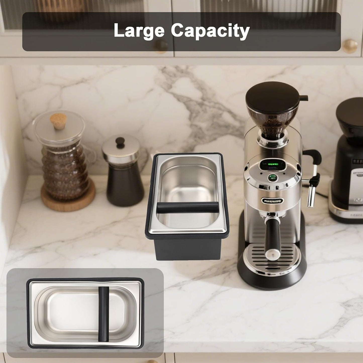 Espresso Knock Box, Coffee Knock Box for Espresso Grounds Disposal, Large Capacity, Equipped with Noise Reduction Rubber Ring & Steel Holder, Ideal Tool for Espresso Machines, Black (Large)