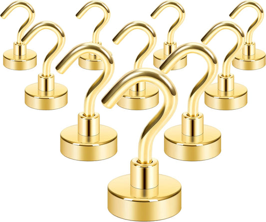 Neosmuk Magnetic Hooks,30lb+ Heavy Duty Earth Magnets with Hook for Refrigerator, Extra Strong Cruise Hook for Hanging, Magnetic Hanger for Cabins, Grill (Golden, 10 Pack)