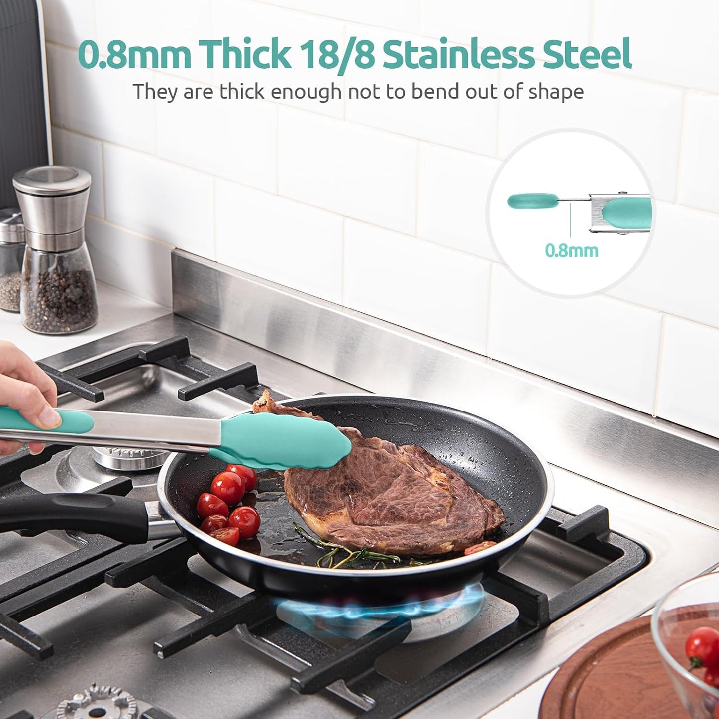 600ºF Heat Resistant Kitchen Tongs: U-Taste 9+12 inch Silicone Cooking Tong Set with Firm Sealed Non Stick Rubber Tips and Silicon Coated 18/8 Stainless Steel Handle for Serving Grilling (Aqua Sky)