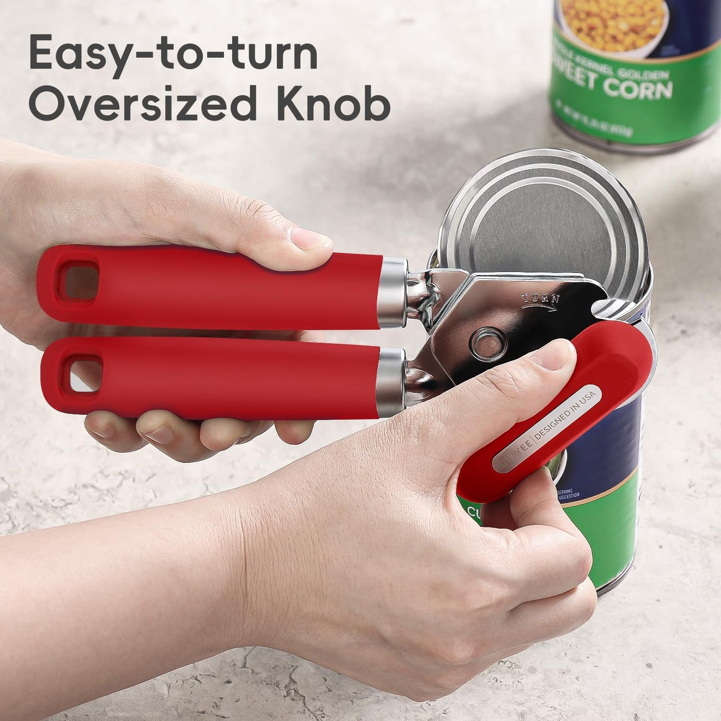 Can Opener Manual, UHIYEE Hand Held Manual Can Openers Heavy Duty with Smoother Cut Sharp Blade, Manual Hand Can Open with Soft Handle, Easy to Turn Knob, Magnetic Lid Lifter, Red