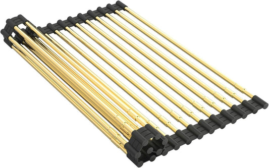 Expandable Large Draining Rack, Roll Up Heat-Resistant Dish Drainer for Stainless Steel Sinks, Collapsible Over The Sink Rack Non-Slip Silicone Rolling Up Rack Gold 18 Tube