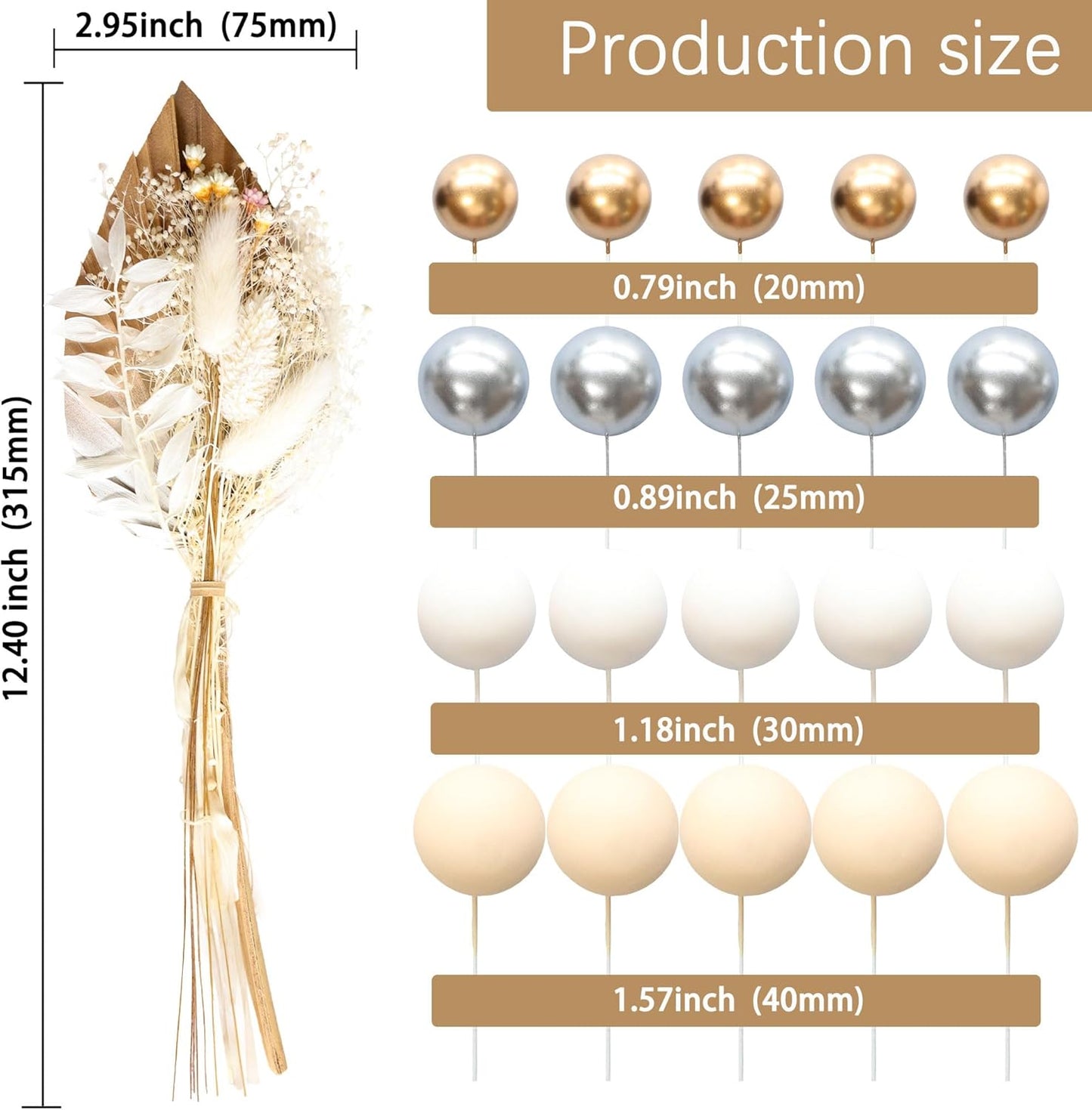 Gyufise 21 Pack Flower Boho Cake Topper Ball Cake Decorations Palm Leaves Plants Cake Decor for Girl Bohemian Princess Theme Wedding Baby Shower Birthday Party Supplies Gold White Khaki