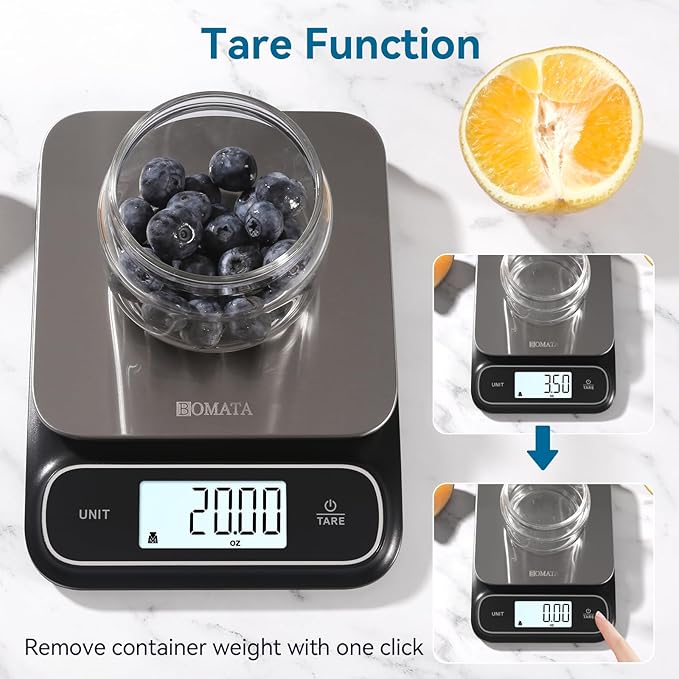 BOMATA Waterproof IPX6 Kitchen Scale, 0.1 g/0.01 oz High Precision, 5 kg/11 lbs, Digital Scale with Backlight, Stainless Steel Weighing Platform, for Food, Cooking, Baking, Weight Loss.. B619, Grey
