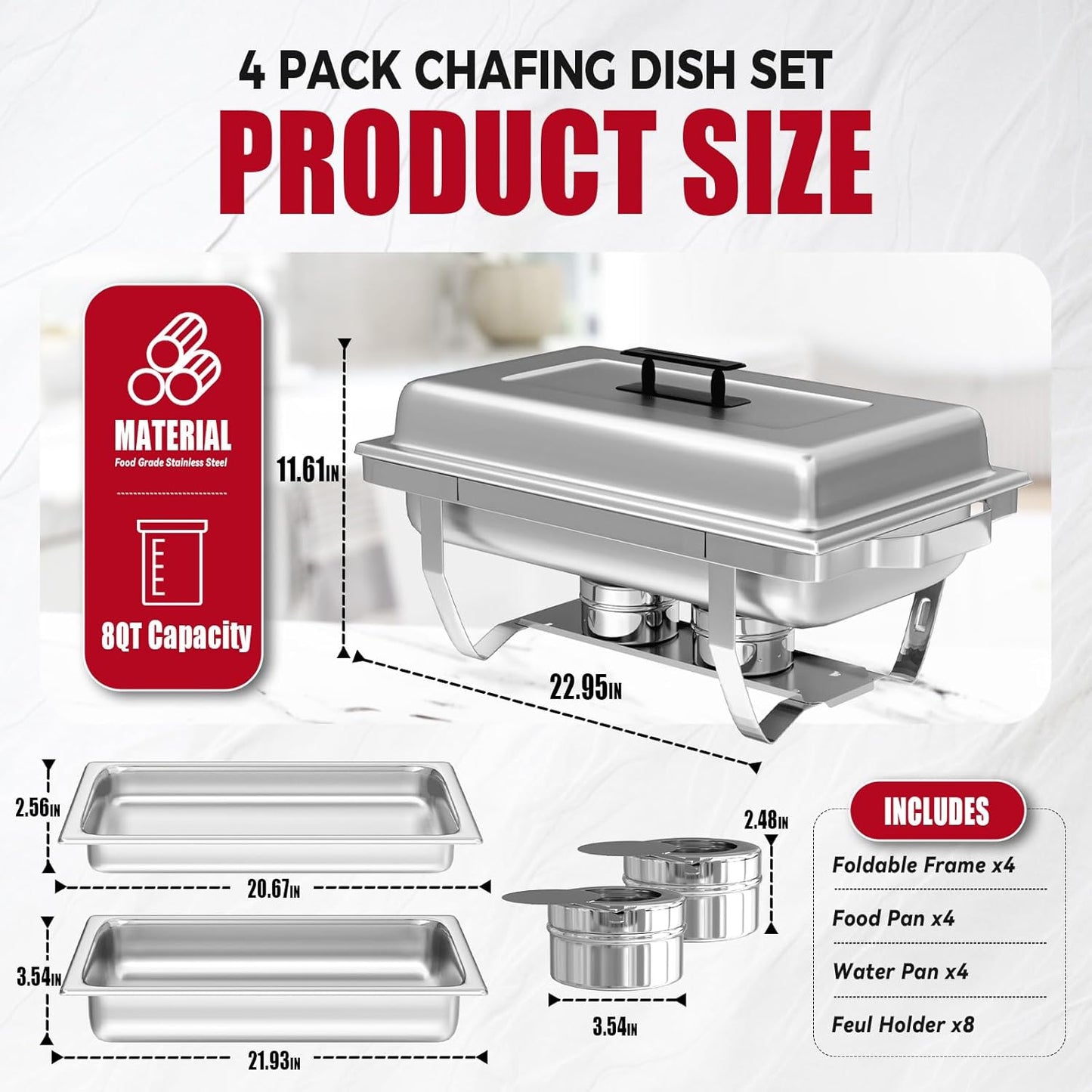 4 Pack Chafing Dish Buffet Set, 8QT Stainless Steel Rectangular Chafers and Buffet Warmer Sets for Catering, with Food & Water Pan, Lid, Foldable Frame, Fuel Holder for Event Party Holiday