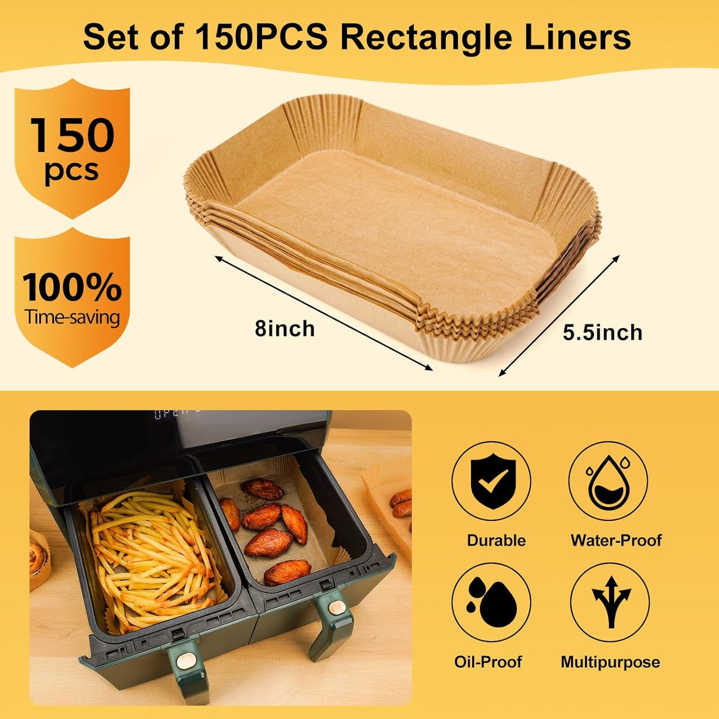 Air Fryer Liners Disposable - 150Pcs 8In Rectangle Parchment Paper for Air Fryer Non-Stick Airfryer Basket Liners for Steamer Microwave Oven