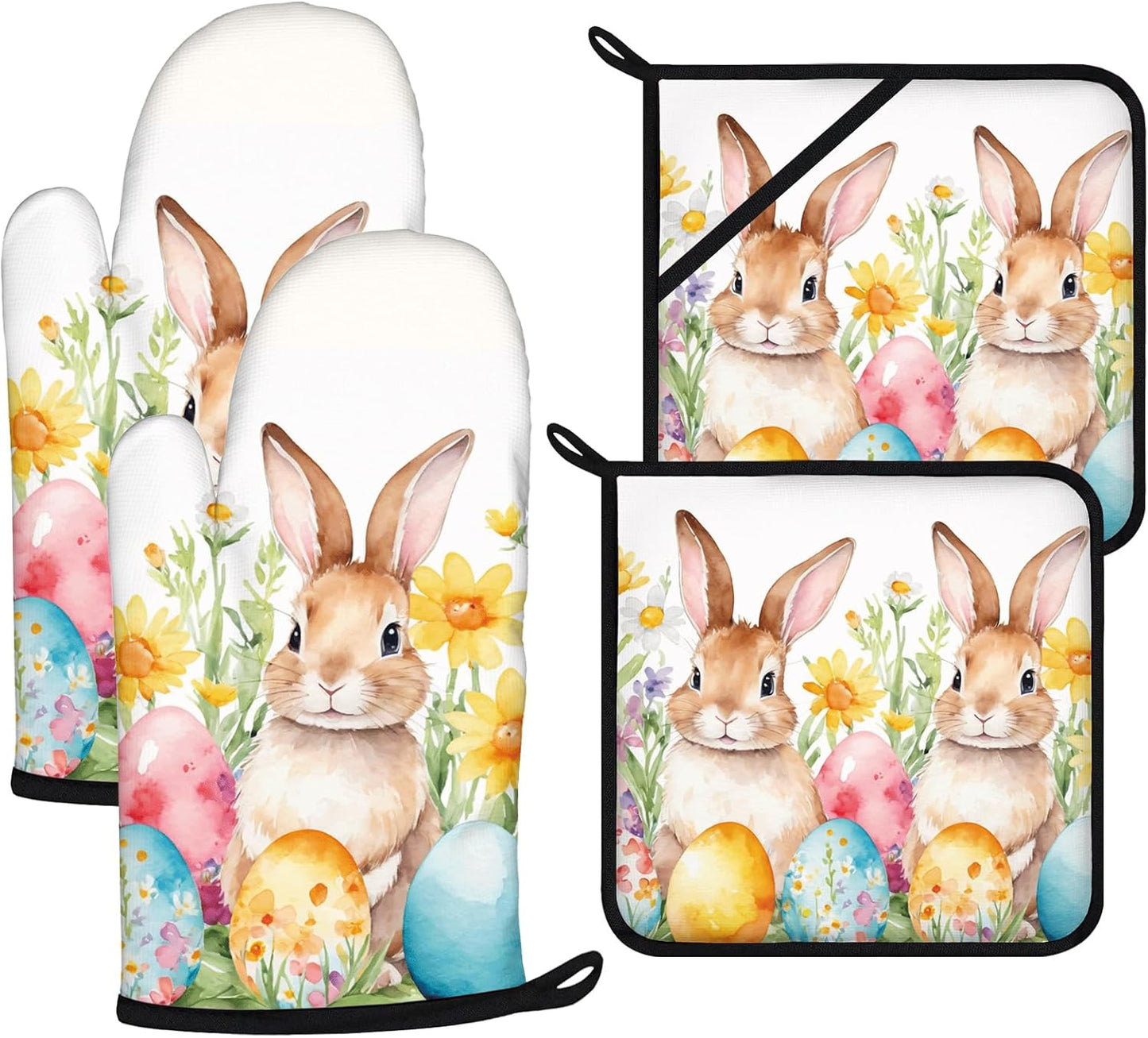 Easter Rabbits Oven Mitts and Pot Holders Sets 4Pcs,Extra Long Oven Gloves Potholder for Kitchen Cooking Baking BBQ 100% Cotton Heat Resistant