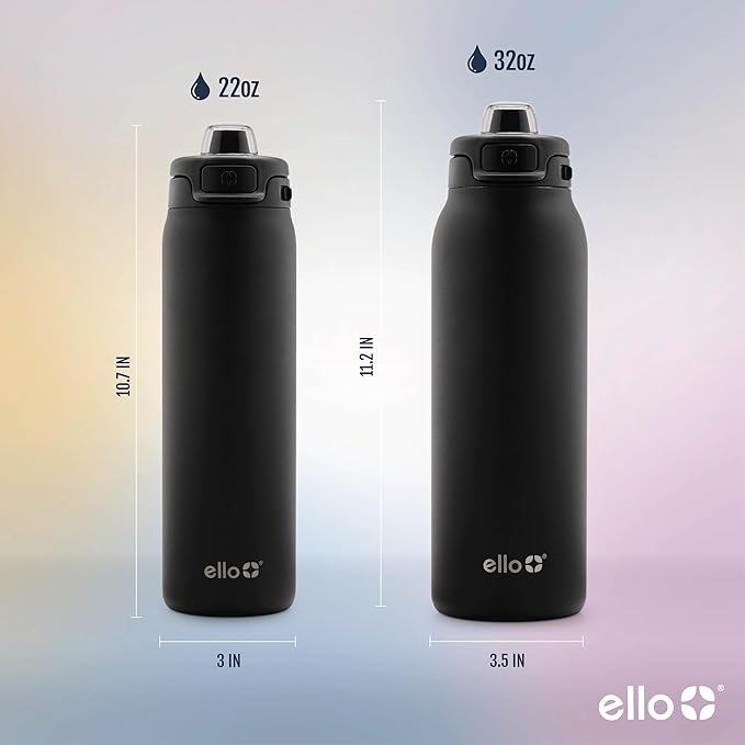 Ello Pop & Fill Stainless Steel Water Bottle with Quick Fill Technology, Double Walled Vacuum Insulated Metal, Leak Proof Locking Lid, Sip & Chug, BPA Free, Holiday Gift for Him Her, 22oz, 32oz, 40oz