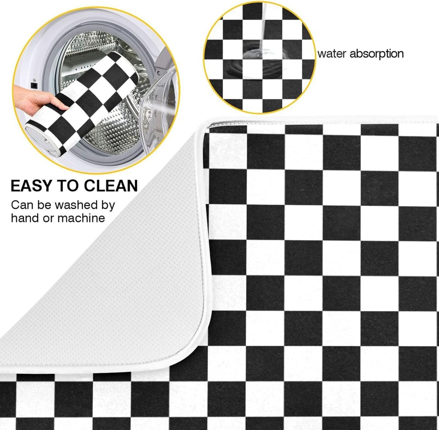 Black White Checkered Pattern Dish Drying Mat for Kitchen Counter Absorbent Microfiber Drying Pad, Medium 16x18 in, Reversible Drainer Mats