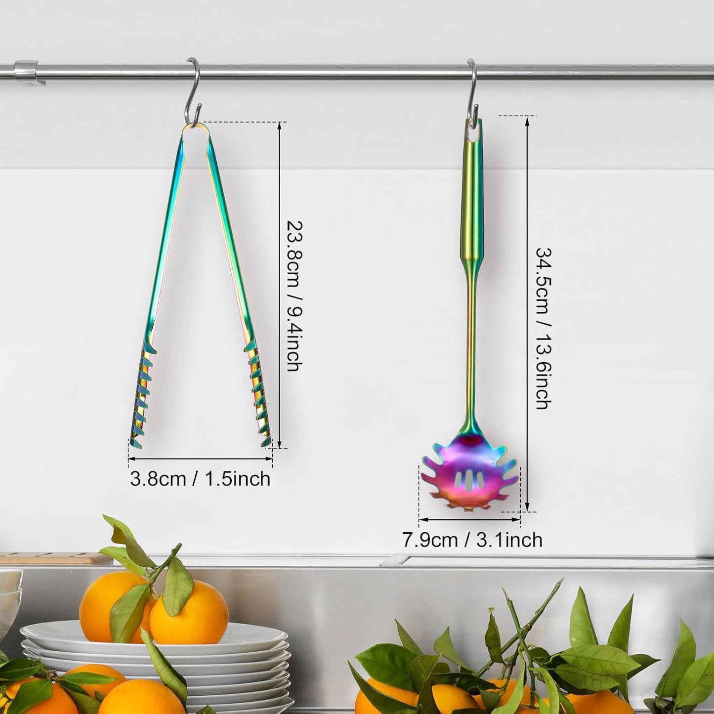 Patelai 2 Pcs Stainless Steel Pasta Spoon with Teeth Large Spaghetti Utensil, 9.4'' Tong and 13.6'' Pasta Fork with Vacuum Handle, Comfortable Grip Design Spoons for Kitchen(Colorful)