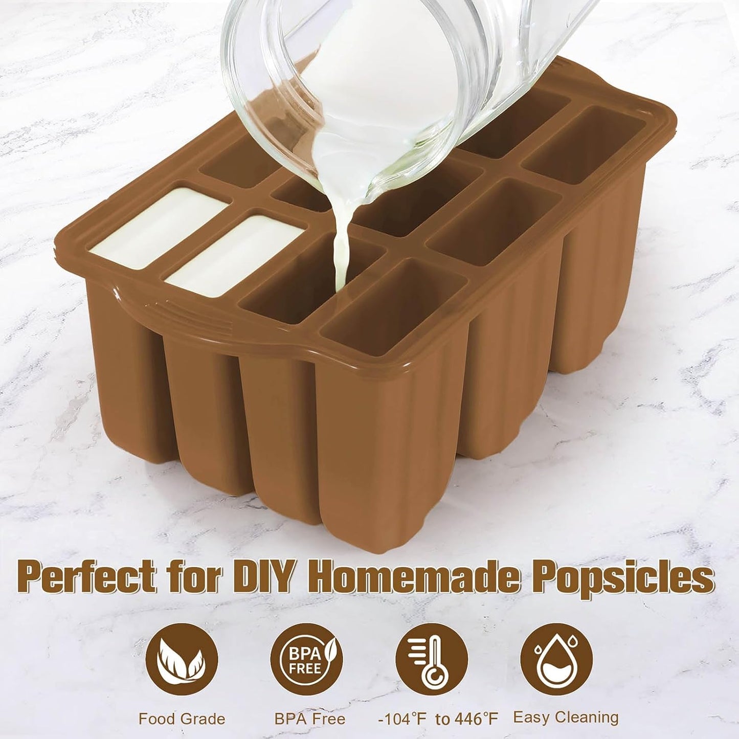 Silicone Popsicles Molds,Ice Pop Cream Mold Set Homemade Toddler Popsicle Maker For Kids Para Paletas De Helado Kulfi BPA Free, with 50 Sticks, 50 Bags,50 wire Ties (Chocolate brown)