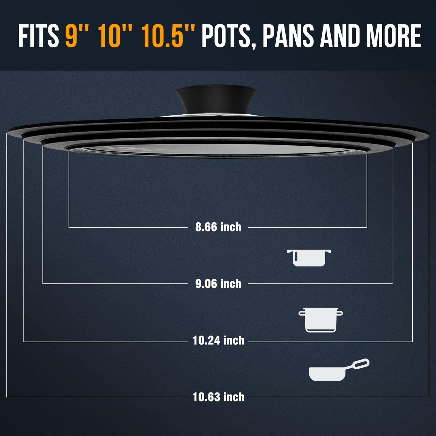 Walfos Universal Lid for 9", 10" and 10.5" Diameter Cookware, Fits Pots, Pans and Skillets - Walfos Tempered Glass Pan Lid with Heat Resistant Silicone Rim, BPA Free Pot Lids, Dishwasher-Safe, Black
