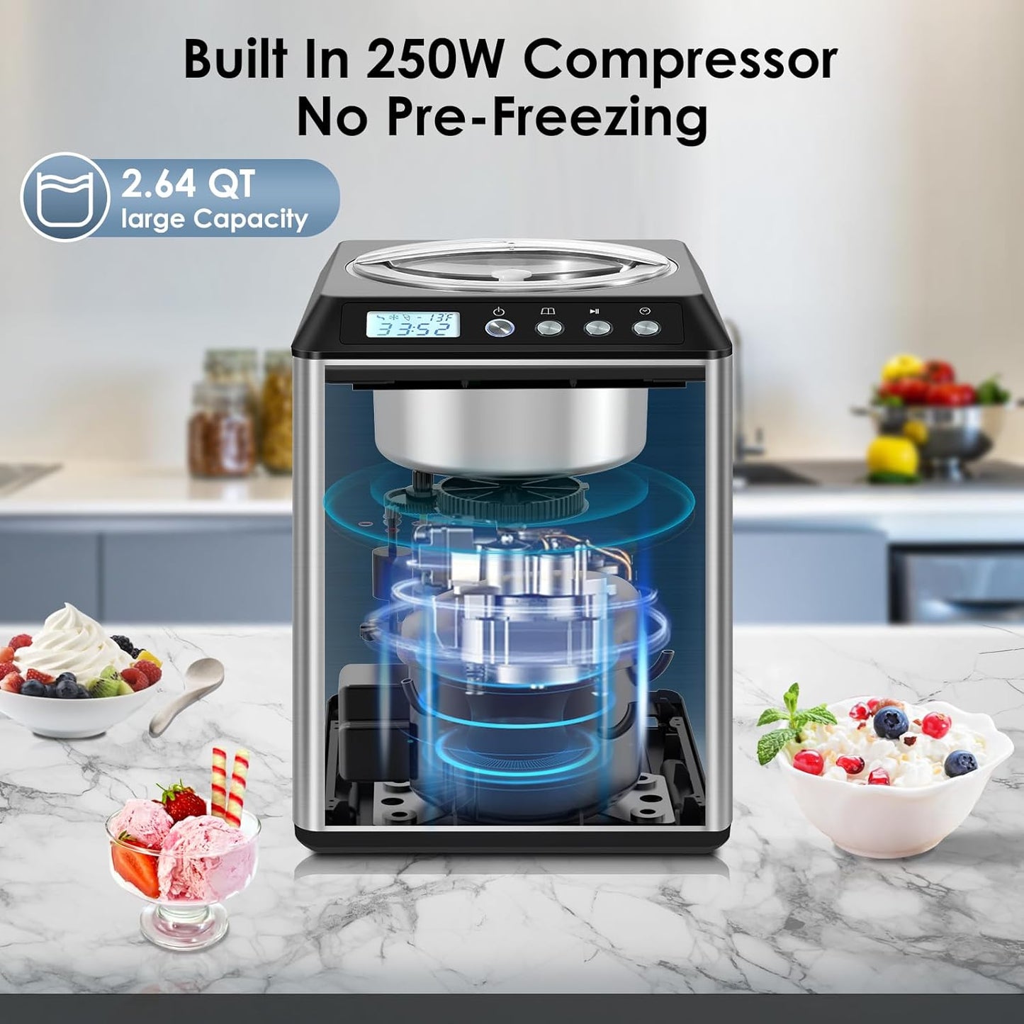 Homtone 2.64QT Ice Cream Maker with Compressor, Largest Capacity Automatic Ice Cream Maker Machine - No Pre Freezing, Gelato Maker with 3 Modes, LCD Digital Display, All Stainless Steel, 2H Keep Cool
