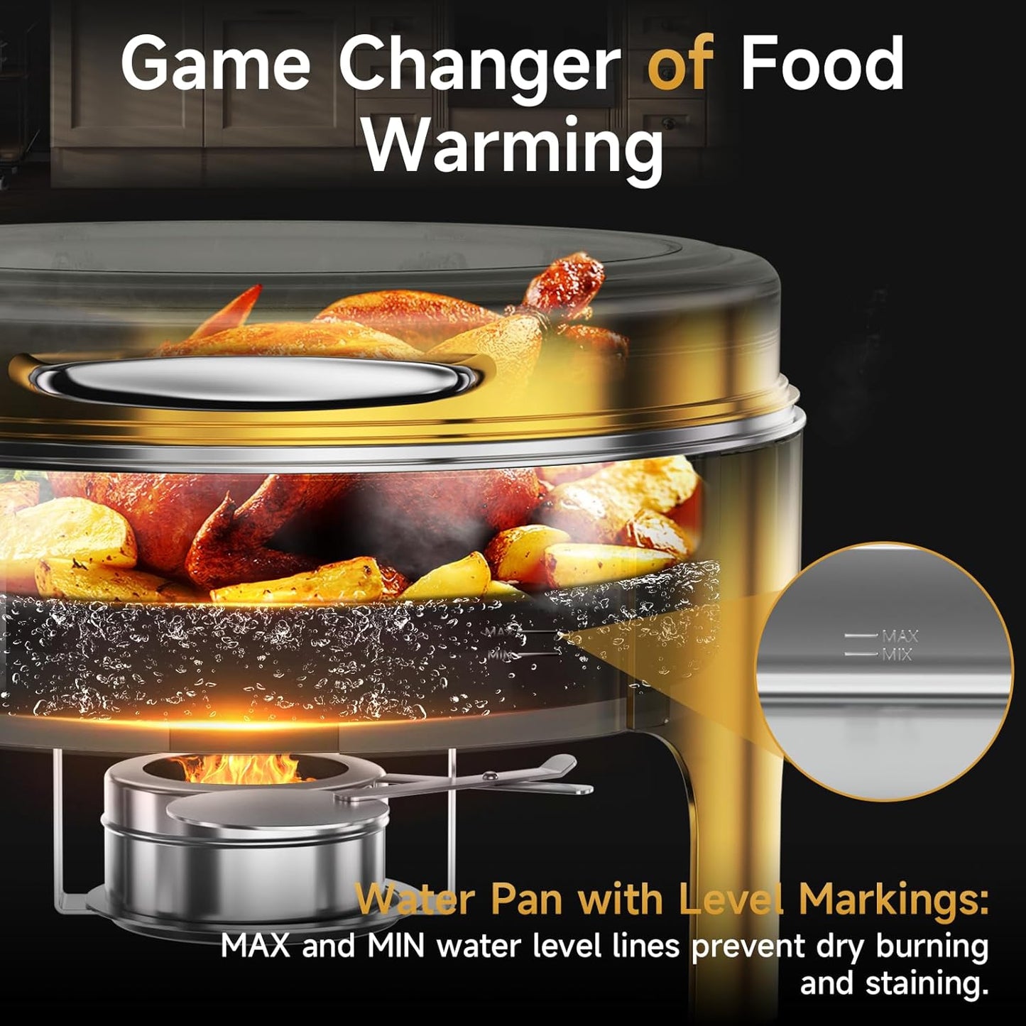Chafing Dishes for Buffet, 6QT Round Stainless Steel Chafing Dish with Transparent Hydraulic Lid, 304 Food Pan, Buffet Warmer for Parties and Events (Golden)