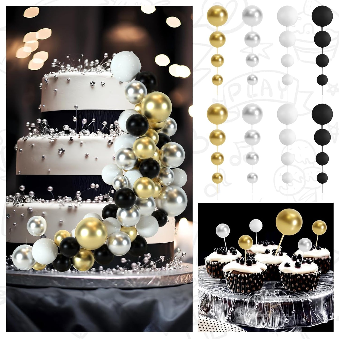48 Pcs Balls Cake Topper Decorations Balloon Cupcake Toppers Foam Cake Topper Balls Cake Balls Decorations for Birthday Party Wedding Anniversary Cake Decorating (Black, Silver, White, Gold)