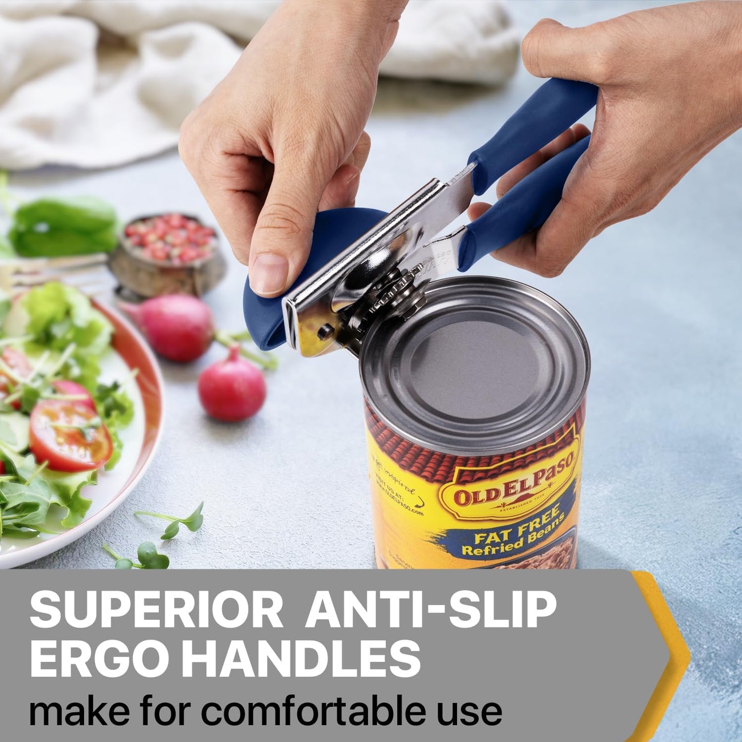 Can Opener Manual Heavy Duty, UHIYEE Hand Held Can Openers for Seniors with Comfort Grip Sharp Blade, Solid Steel Hand Manual Can Open with Magnet for Kitchen Camping, Blue