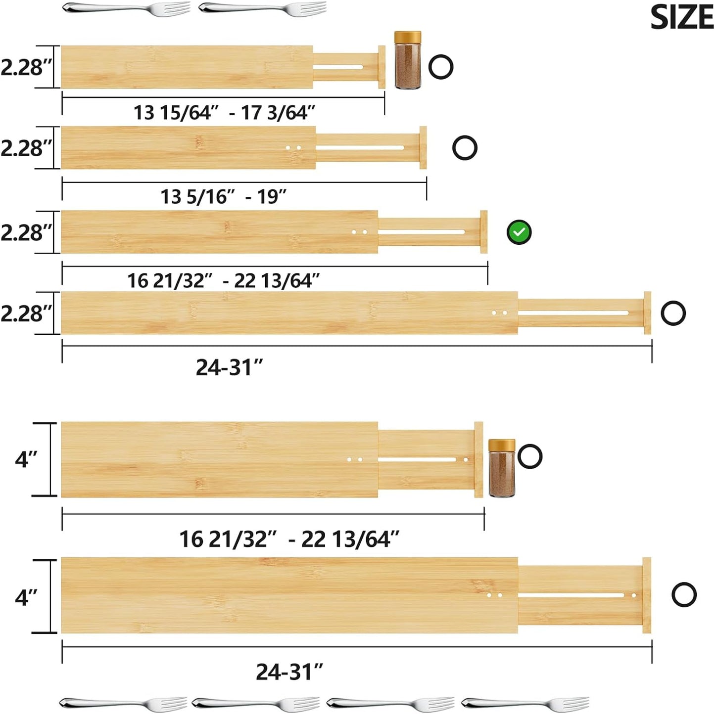 BAMEOS Drawer Dividers kitchen Organization Bamboo Utensil Organizers for Kitchen Bedroom Bathroom Dresser Office 4-pack