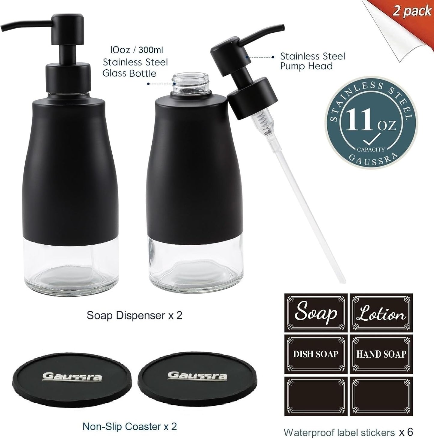 Black Soap Dispenser with Coaster and Stickers, Dish Soap Dispenser for Kitchen, Hand Soap Dispenser for Bathroom, 304 Stainless Steel Glass Lotion Dispenser (2 Pack)