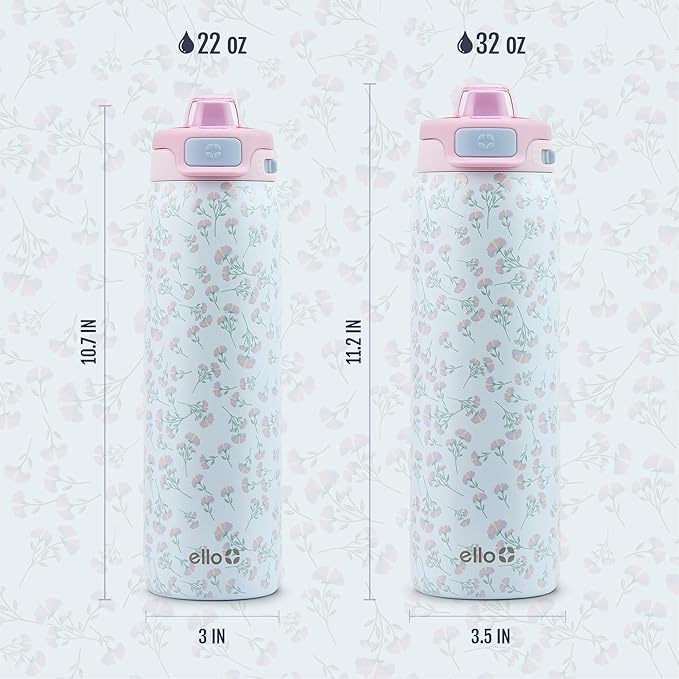 Ello Pop & Fill Stainless Steel Water Bottle with Quick Fill Technology, Double Walled Vacuum Insulated Metal, Leak Proof Locking Lid, Sip & Chug, BPA Free, Holiday Gift for Him Her, 22oz, 32oz, 40oz