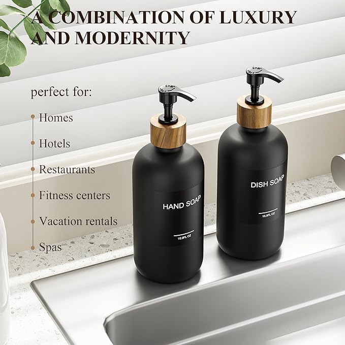 Cisily Dish Soap Dispenser Set 2 Pack 16.9oz Black Glass Bottle, Dish Soap Dispensers, Vintage Hand and Dish Soap Dispensers Set