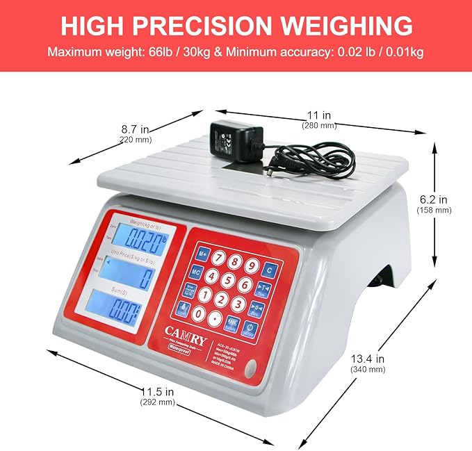 CAMRY Waterproof Commercial Food Scale IPX7 66lb / 30kg Digital Price Computing Meat Produce Weight Scale with White Backlight LCD for Farmers Market, Seafood, Rechargeable