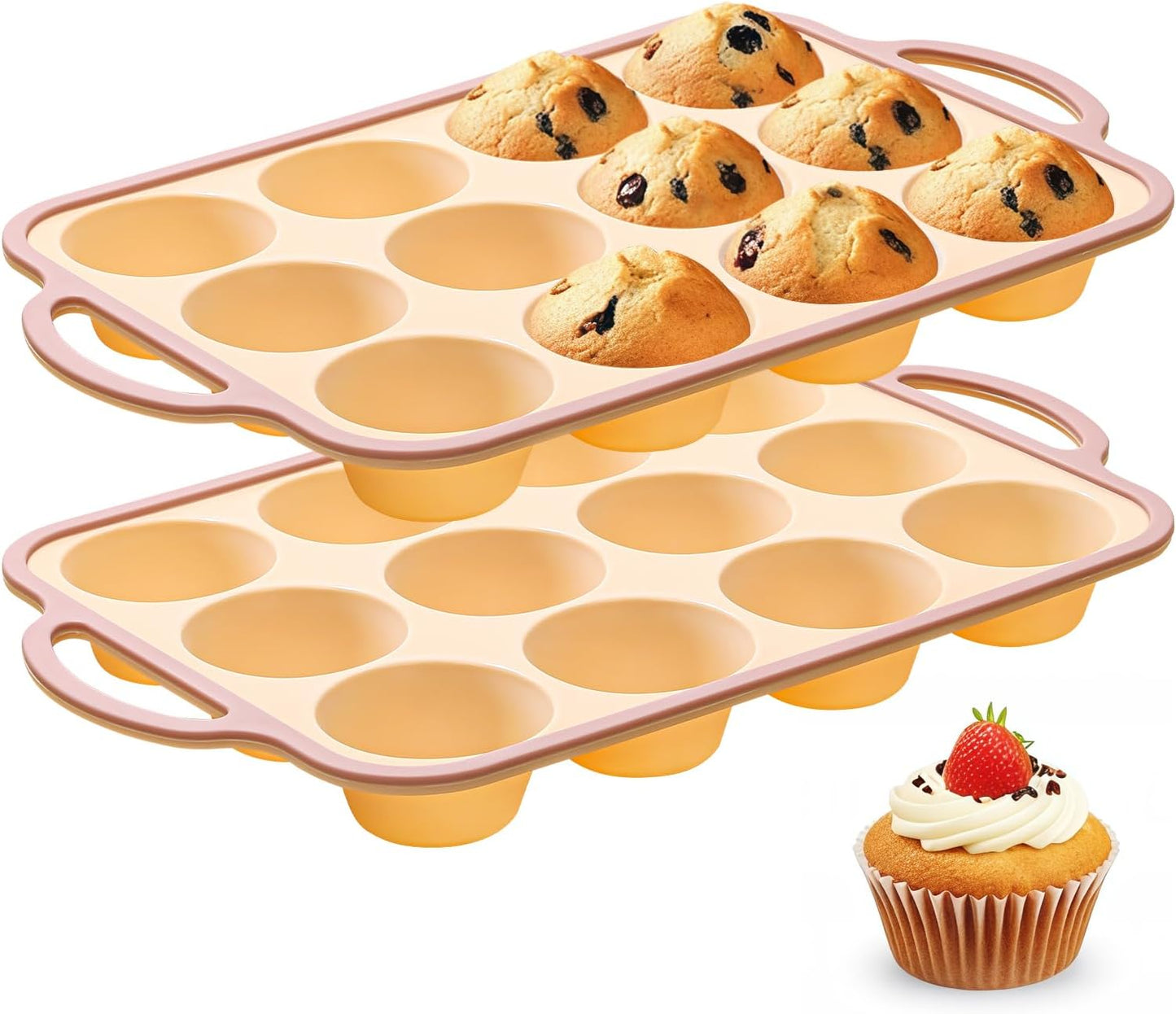 Silicone Muffin Pans for Baking 2 Pack, 2.6 Inch with Metal Reinforced Frame, Regular Size Nonstick Silicone Cupcake Pan for Baking Homemade Muffins, Cupcakes, Dishwasher Safe BPA Free-Yellow