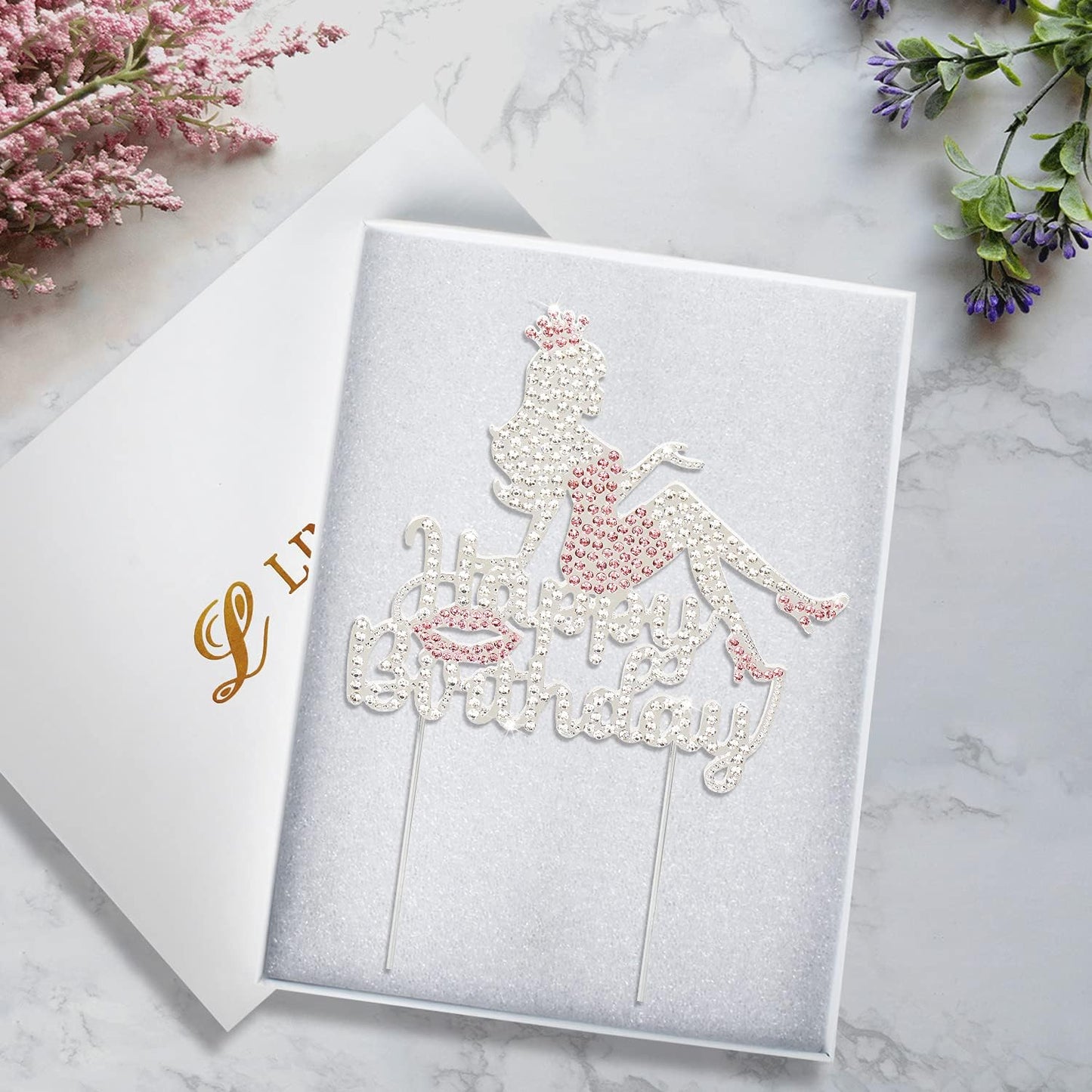 LINGTEER Happy Birthday Crown Queen Lady Rhinestone Cake Topper - Cheers to Makeup Spa Birthday Party Cake Centerpieces Decorations Gift Sign - Pink.