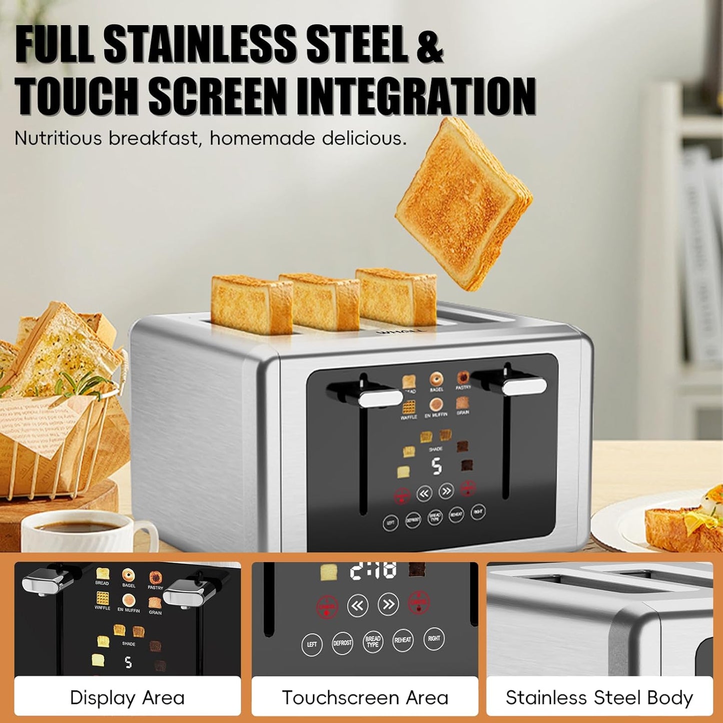 whall 4 Slice Touch Screen Toaster, Stainless Steel Toasters Digital Timer, Dual Control Panel Toasters，6 Shade Settings＆6 Bread Types, Smart Wide Slots, Bagel, Cancel, Defrost,Flat lever Stainless