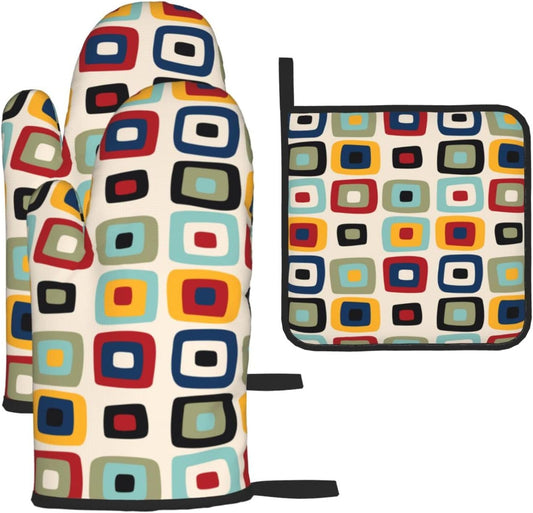 Mid Century Modern Retro Oven Mitts and Pot Holders Sets of 3 Heat Resistant Non Slip Vintage Decorative BBQ Gloves for Cooking Grilling Baking Kitchen Decor