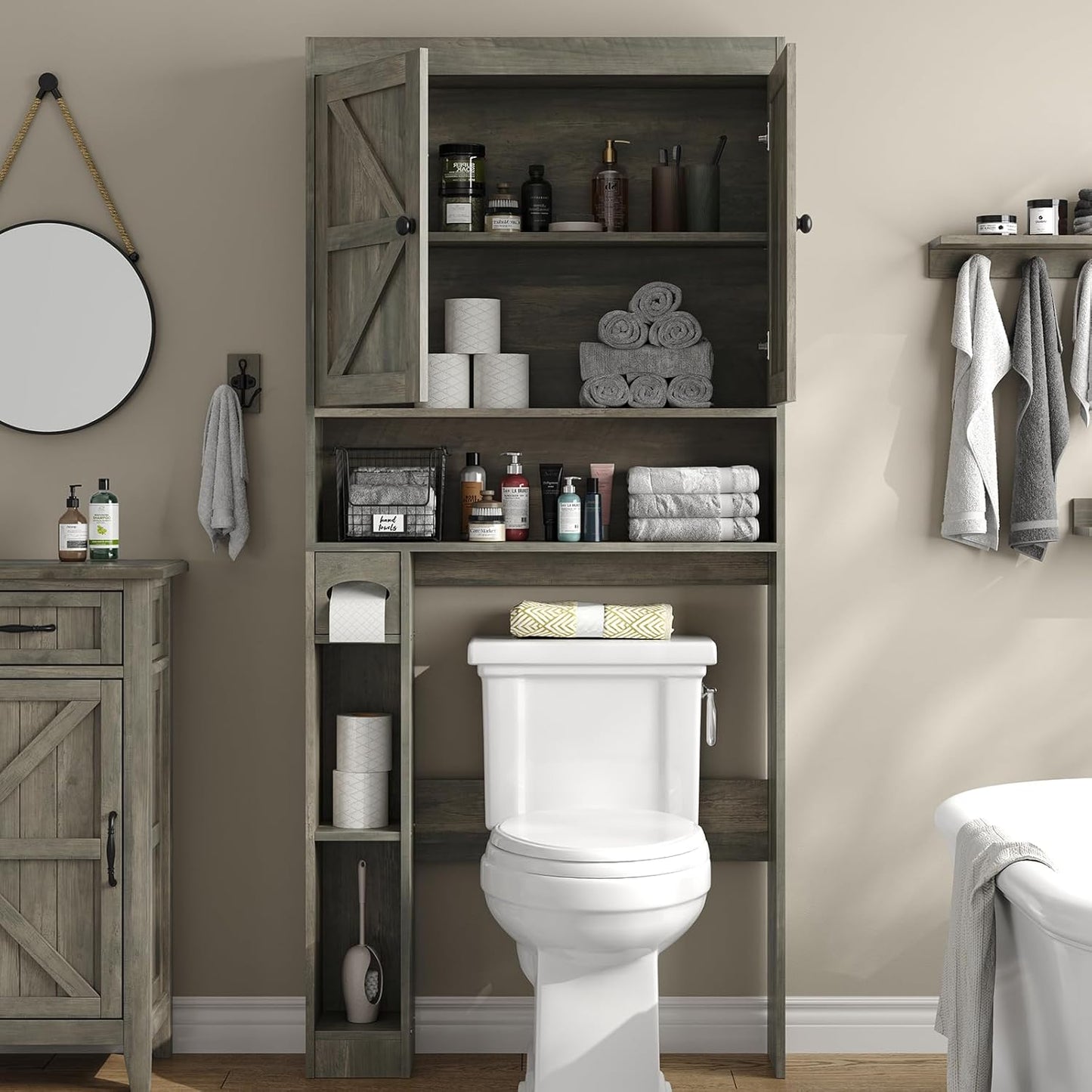 Furnideco 32.3''W Over The Toilet Storage Cabinet with Barn Doors, Over Toilet Shelf Farmhouse Storage Cabinet Space Saver with Toilet Paper Holder & Adjustable Bottom Bar, Gray