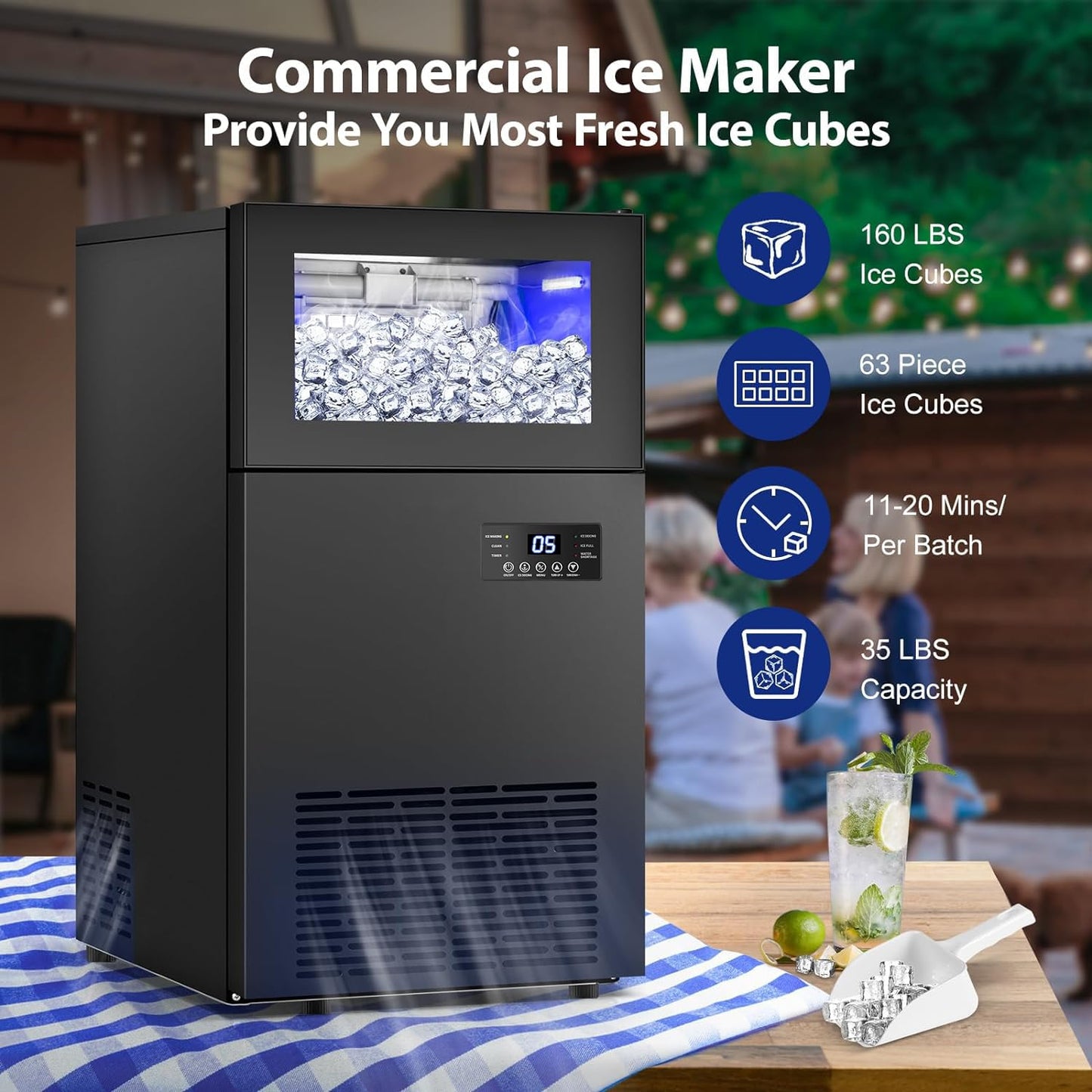Commercial Ice Maker 160 LBS/24H, 15" Wide Under Counter Ice Maker with 35LBS Ice Storage Capacity, Commercial Ice Machine 63Pcs Clear Ice Cubes Built-in or Freestanding Large Ice Machine