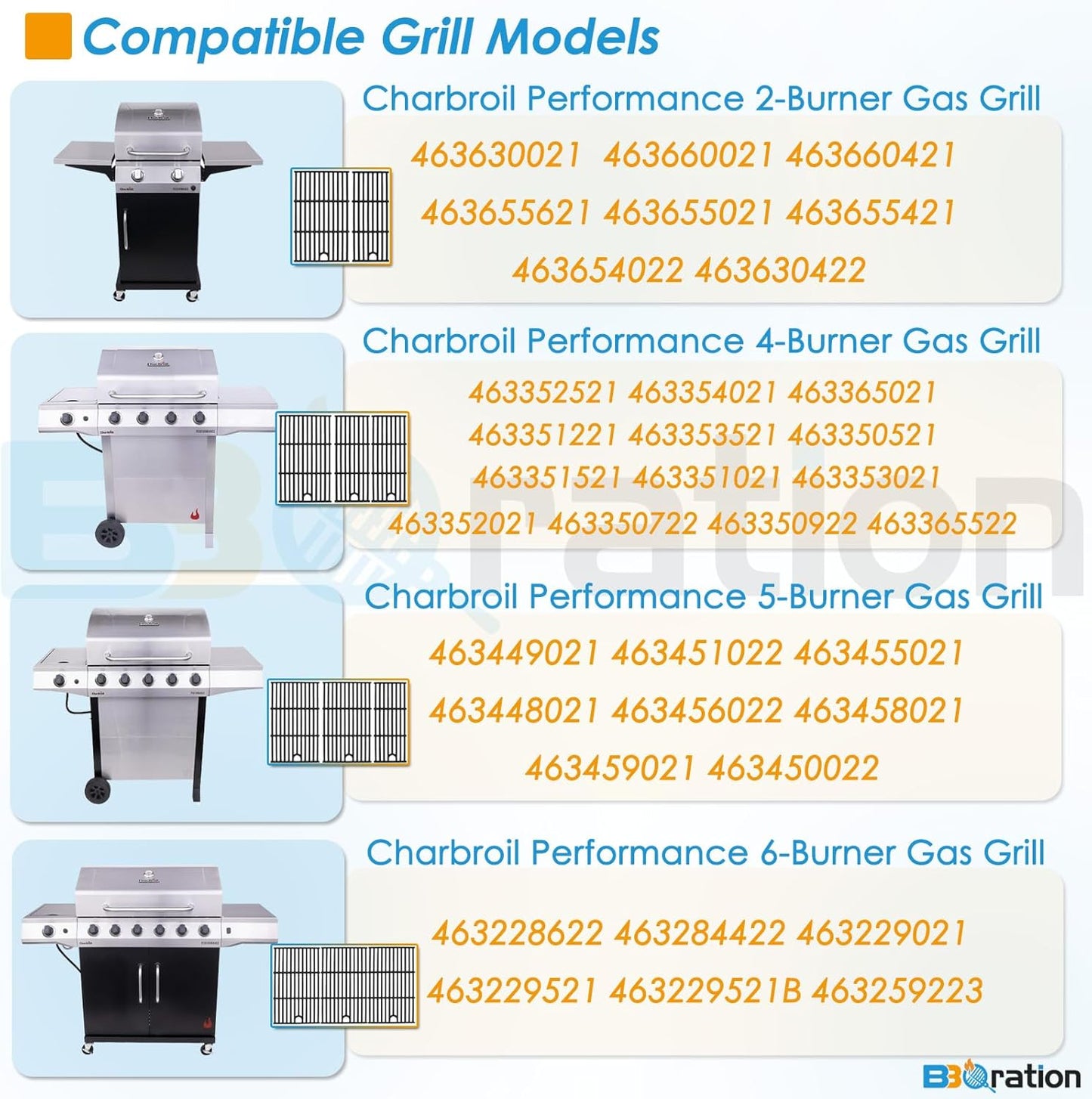 Grill Parts for Charbroil Performance 4-Burner 463352521 463354021 463365021 463365522 463366022, 17 inch Cooking Grate, Burner and Heat Plate for Charbroil Grill Replacement Parts 463351221