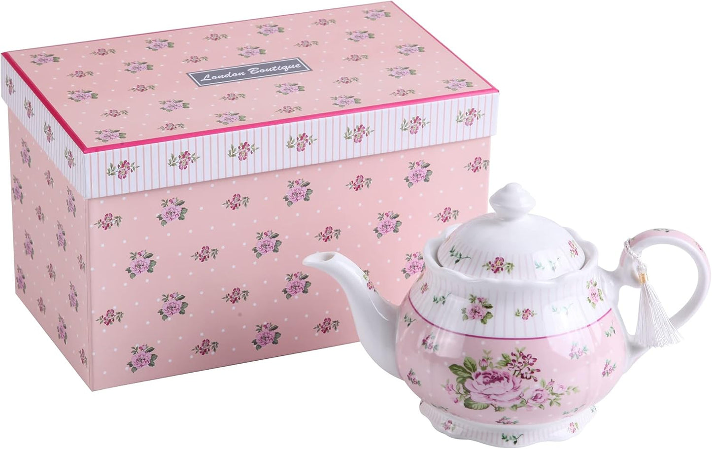London Boutique Porcelain Teapot Sugar Bowl and Cream Milk Jug Shabby Chic Vintage Floral in Gift box 40oz (Teapot Rose Pink)