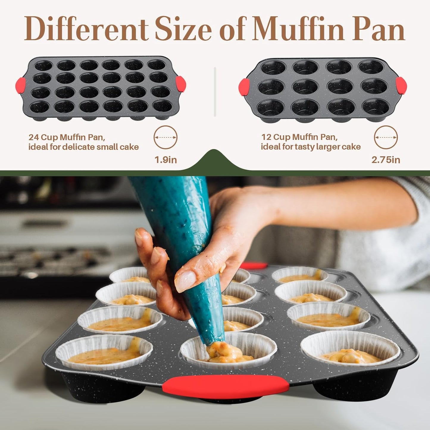 11-Piece Nonstick Stackable Baking Pans Set, Toxin-Free Bakeware Sets, Baking Pan Set with Silicone Handles, Includes Cookie Sheets, Loaf Pan, Pizza Pan, Muffin Pan, Red&Black