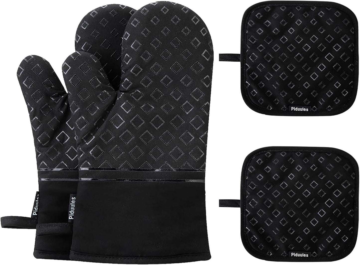 Set of 4 Oven Mitts and Pot Holders, 482 F Heat Resistant Hot Plate Moving Non-Slip Gloves for BBQ, Grill, Baking, Cooking, Oven, Microwave (Black)