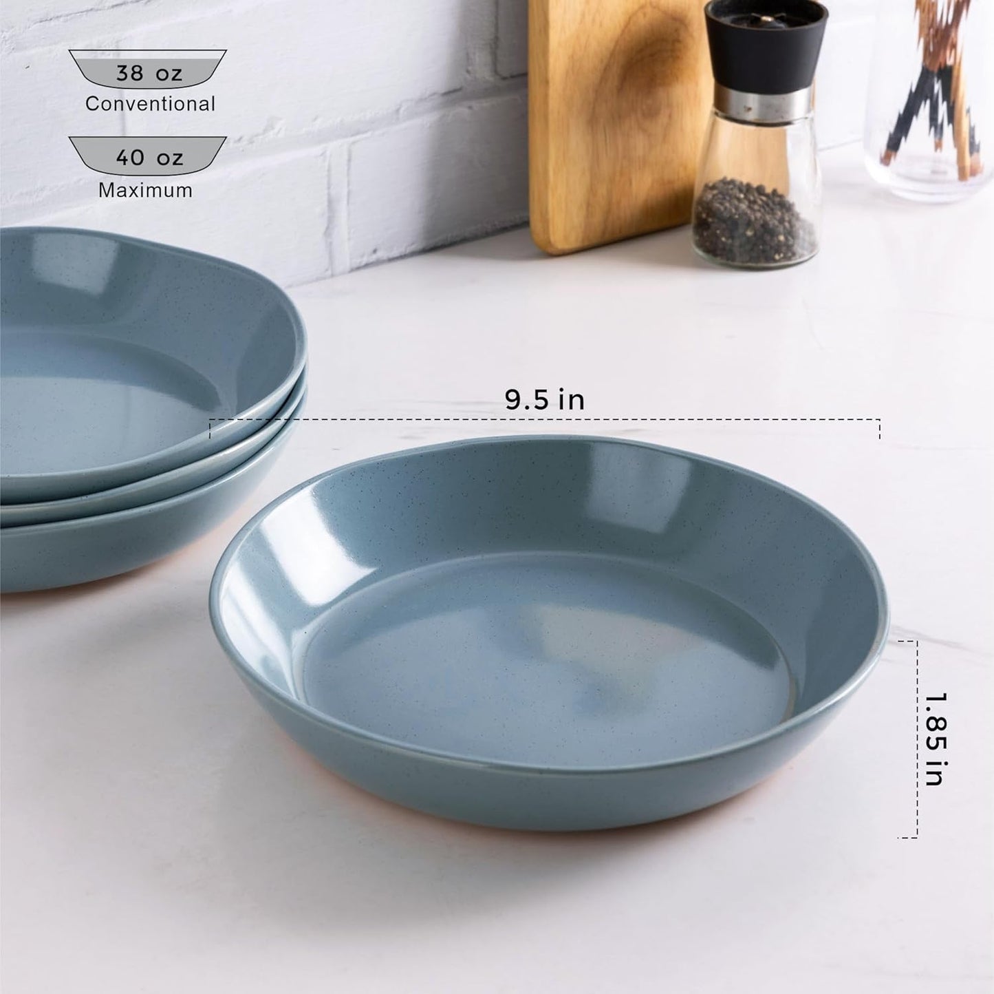 AmorArc 9.5'' Ceramic Large Pasta Bowls, 38oz Handpainted Stoneware Bowls Set of 4, Microwave&Dishwasher Safe Bowls with Wavy Rim&Rustic Terracotta Underside for Fruit Pasta Salad, Stone Blue