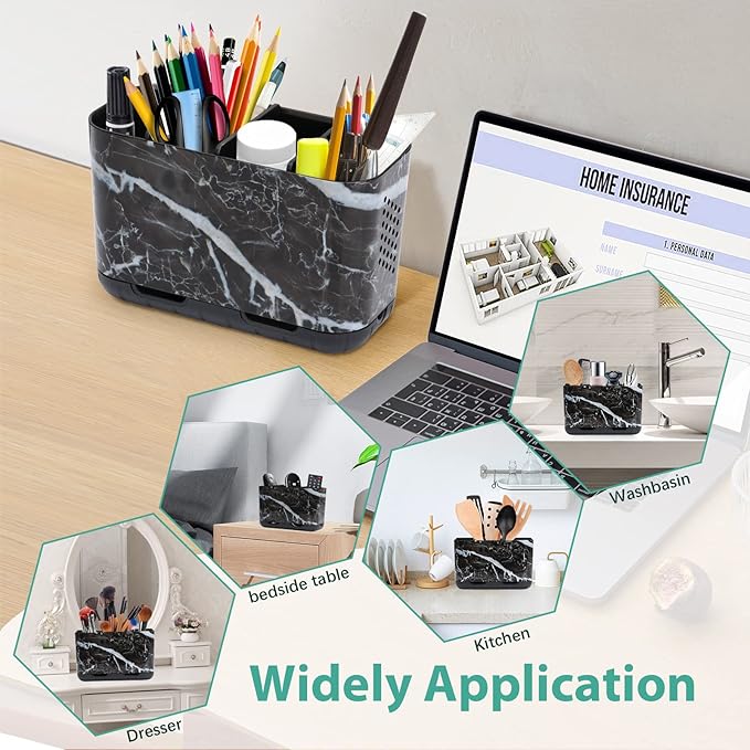 Boperzi Black Toothbrush Holder for Bathroom Toothpaste Organizer Countertop, Detachable Anti-Slip Marble Toothpaste Storage Caddy 6 Slots with Drainage Holes for Makeup Brush Razor Stand