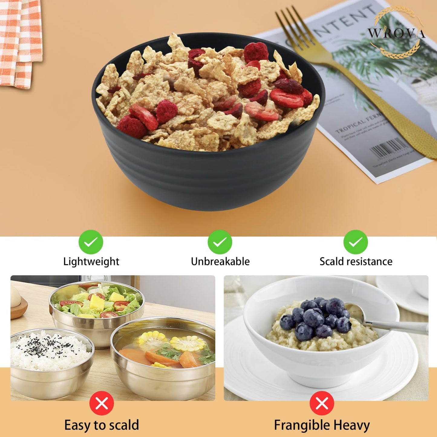 Wheat Straw Bowl Sets,8 PCS Unbreakable Cereal Bowls 26 OZ,Microwave and Dishwasher Safe Bowls,Alternative Plastic Bowl Reusable for cereal,salad,snack and soup (Pure Black)