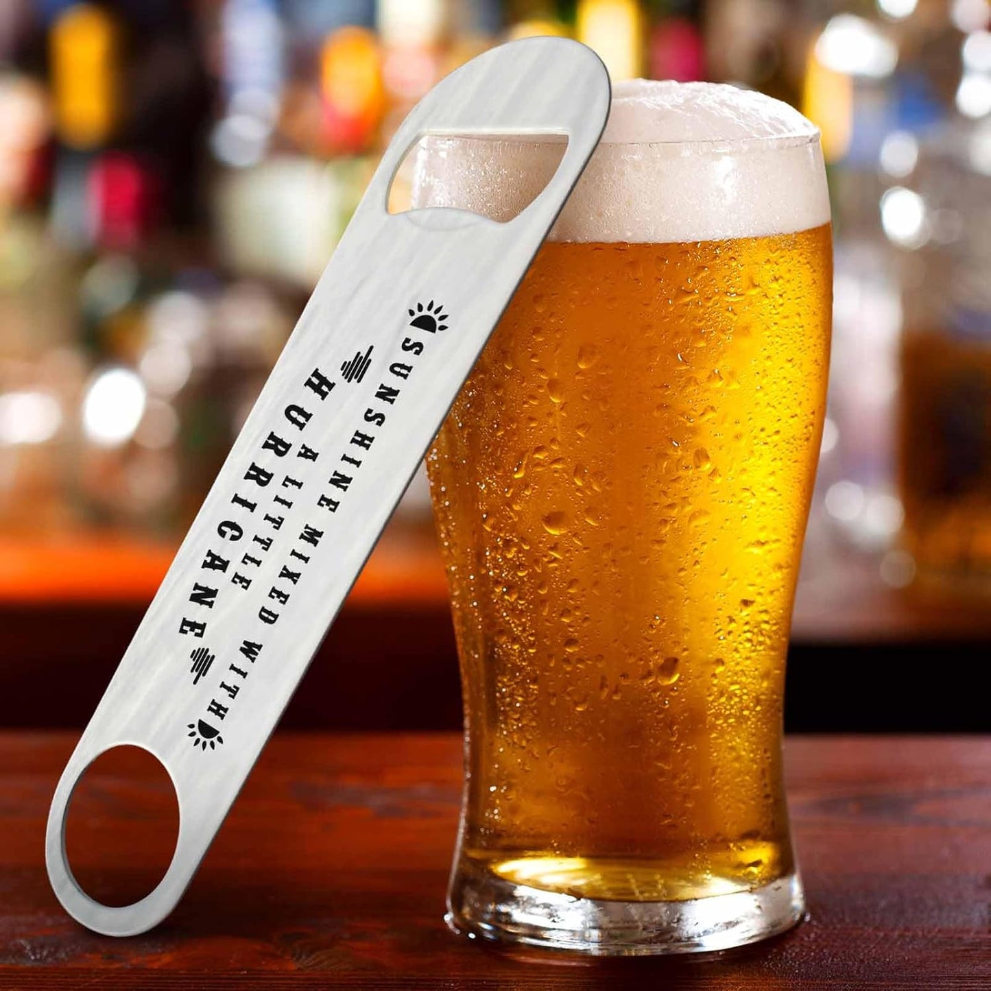 Funny Sarcastic Quotes Stainless Steel Bottle Opener Sunshine Mixed with A Little Hurricane Flat Beer Bottle Opener Keychain for Home Kitchen Bar Restaurant Party Birthday Gift