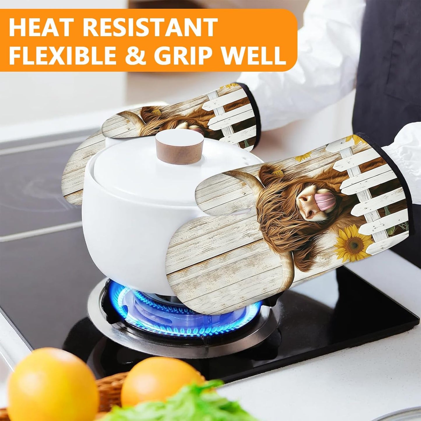 Sunflower Highland Cow Oven Mitts and Pot Holders Sets 4Pcs,Extra Long Oven Gloves Potholder for Kitchen Cooking Baking BBQ 100% Cotton Heat Resistant