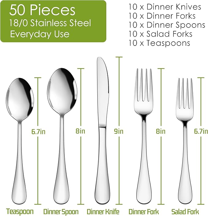 HaWare 50-Piece Silverware Set Service for 10, Stainless Steel Flatware Cutlery Set, Premium Tableware Eating Utensil Set for Home Kitchen, Include Fork Knife Spoon, Mirror Polished, Dishwasher Safe