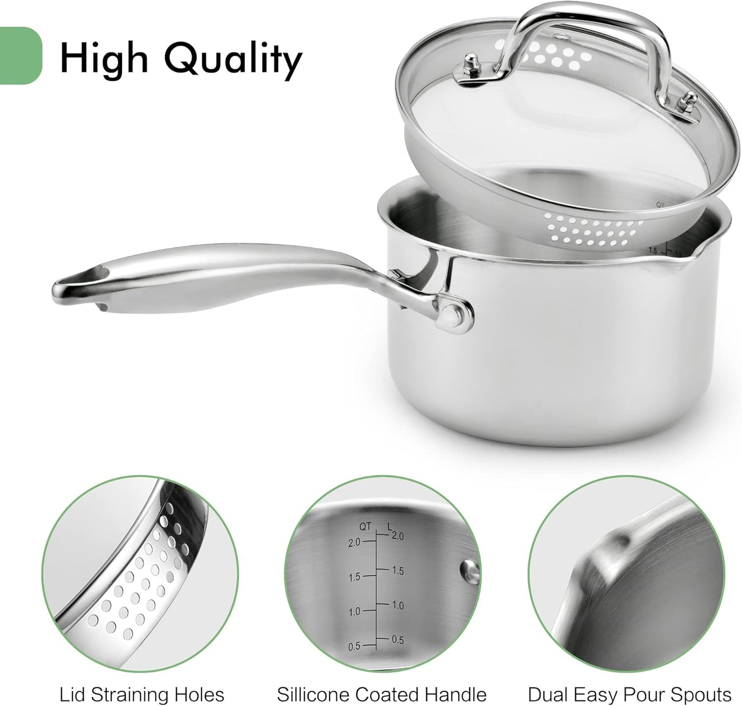 2.5 Quart Stainless Steel Pot Saucepan with Glass Strainer Lid, Sauce Pot with Two Side Spouts, Induction Cooking Pot, Multipurpose Sauce Pan with Lid for Cooking(Tri-Ply Full Body)