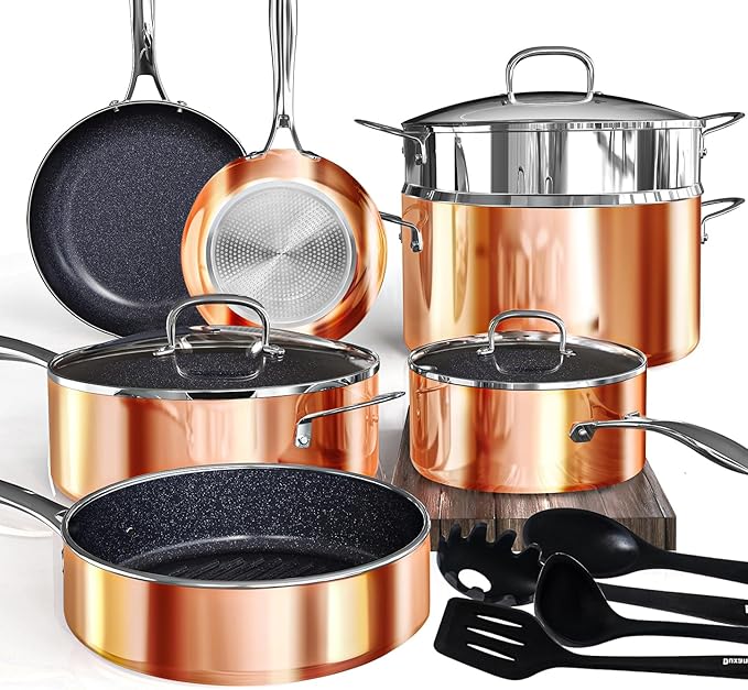 Deluxe DUXANO 14PC Healthy Pots and Pan With 9H Anti-scratch Coating, 2-Layer Non-Stick Ceramic&PFAS Free, Sensitively&Evenly Induction Cooking, Enhanced Flavor with Infrared Cookware, Dishwasher Safe